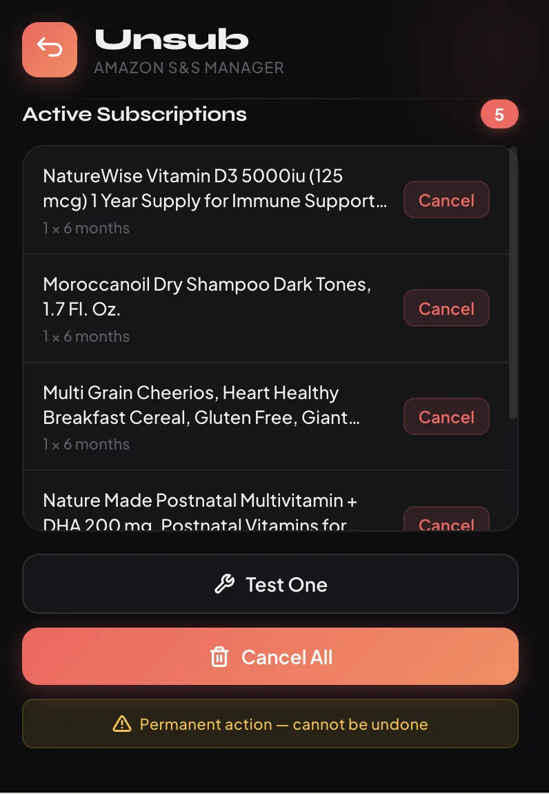 Amazon Subscribe & Save Bulk Canceler — Free Chrome Extension screenshot