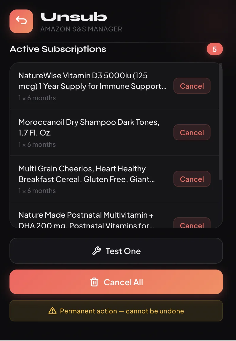 Amazon Subscription Canceler Extension Interface