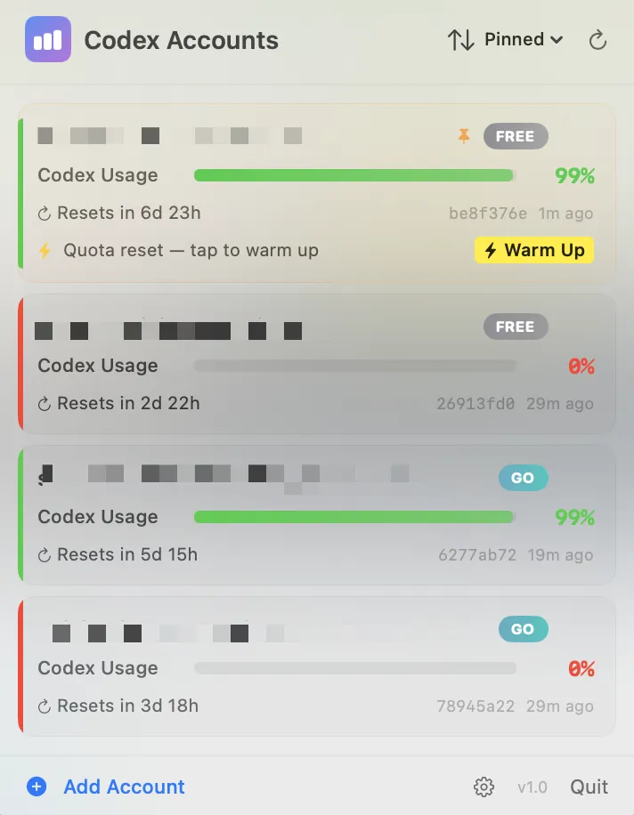 Codex Accounts — Track OpenAI Codex CLI Usage & Quota screenshot